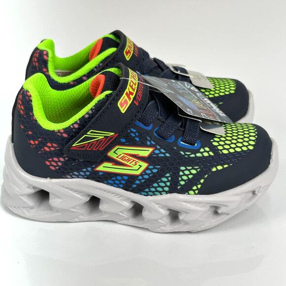 Skechers S-Lights Toddler 6 Light Up Boys Shoes Navy Neon Hook Loop Sneakers NEW - Picture 5 of 13